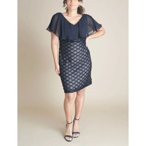 Connected Dress 14 Black Shimmer Sheath Cape Wedding Party Cruise Event NEW $99 - Picture 5 of 16